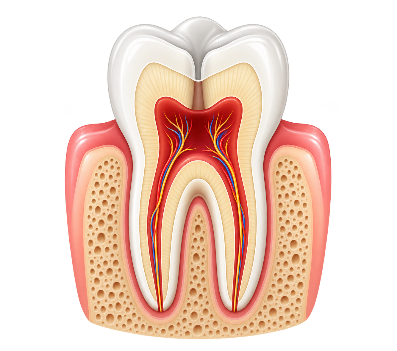 Root canal dental illustration showing tooth roots and inner pulp
