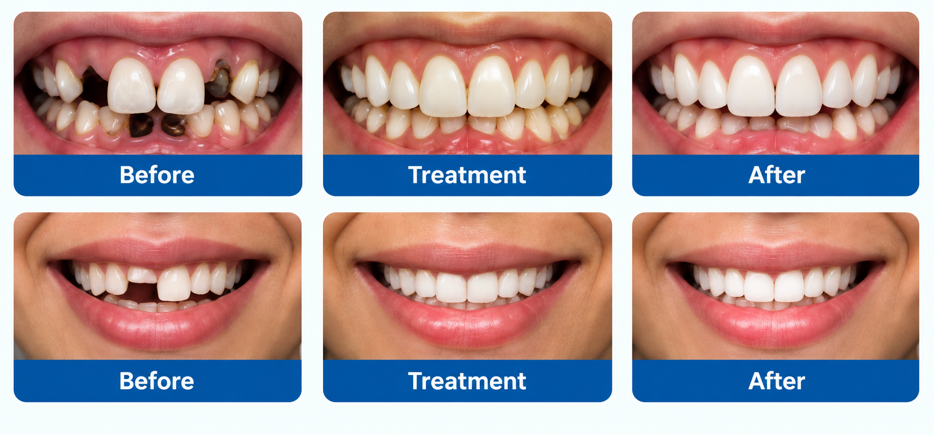 Two dental treatment cases showing Before, Treatment, and After smile results