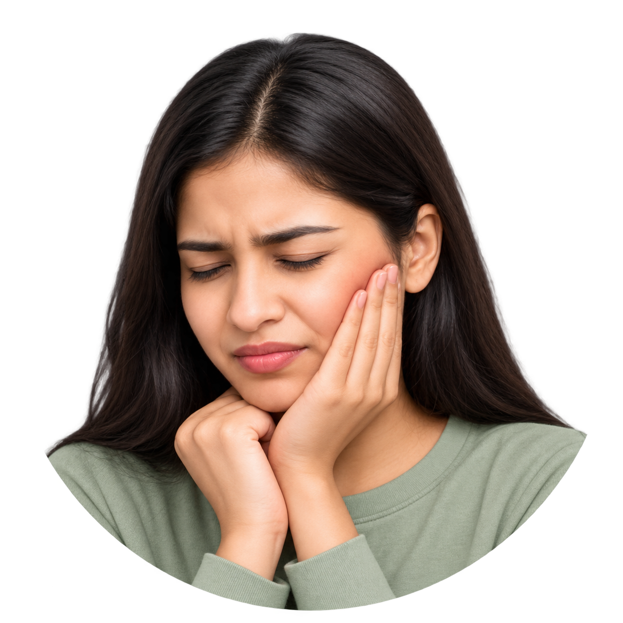 Patient experiencing tooth discomfort touching cheek